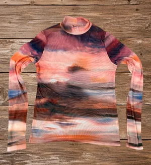 Abstract Sunset Mesh Mock Neck Long Sleeve Layering Top Sheer Artsy Boho thumbnail 1