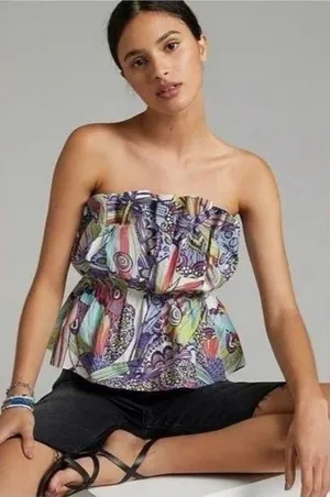 Anthropologie Strapless Smocked Ruffle Blouse Multicolor Cotton Abstract XS thumbnail 1