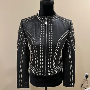 Genuine Leather Studded Crop Jacket Coat Blazer Cardigan Parka Slim Rhinestones thumbnail 3