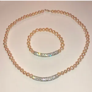 Pale Pink Genuine Pearls CZ Rhinestone Necklace Bracelet Set thumbnail 1