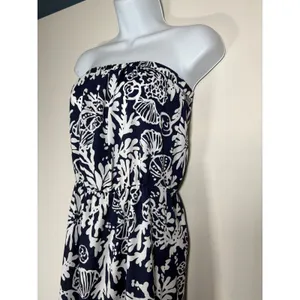 Lilly Pulitzer Maxi Dress Navy Blue Shell Coral Print Strapless Classic Small thumbnail 2