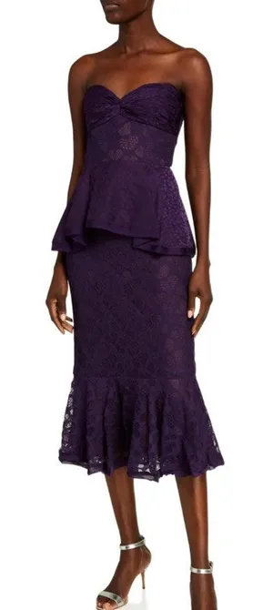 Flor et. al Purple Lace Strapless Peplum Midi Dress Evening Gown Women's Size 8 thumbnail 1