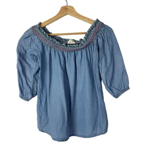 Harper Heritage Blue Chambray Smocked Off Shoulder Short Sleeve Top‎ S thumbnail 1