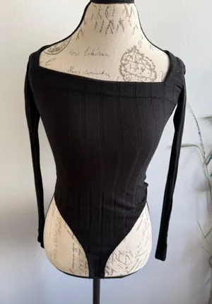 Intimately Free‎ People Bodysuit Long Sleeve Square Neck Top Black XS thumbnail 1