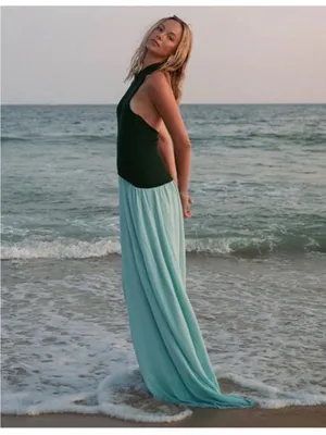 SOLID & STRIPED Soglio Halter Dress in Evergreen & Sky thumbnail 3
