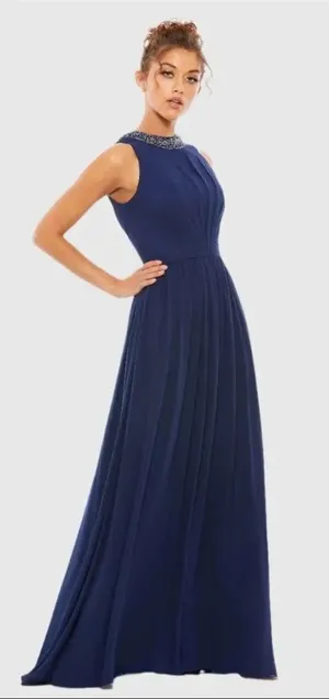 NWT Mac Duggal 55147 Navy Bejeweled Neckline Pleated Chiffon Gown MISMARKED SIZE thumbnail 1