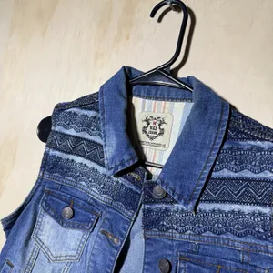 Wax Jean Womens M Denim Vest Embroidered Aztec Boho Button Front Blue thumbnail 3