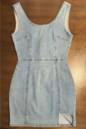 CONSHVI Women’s Denim Dress Sexy Sleeveless Split Bodycon Mini Tube Jeans - Sz S thumbnail 1