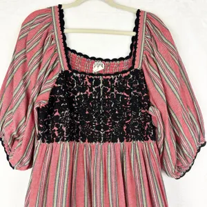 Sister Mary Sierra Dress Size Large Cotton Stripe Embroidered Smocked Boho Red thumbnail 5