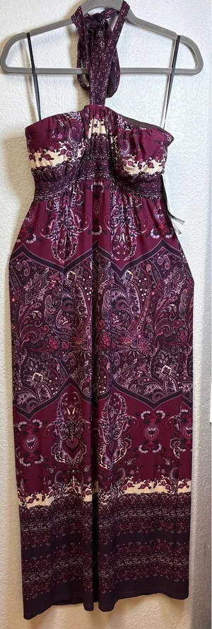 Snap Womens Paisley Halter Maxi Dress Burgundy Purple Size L NEW thumbnail 1