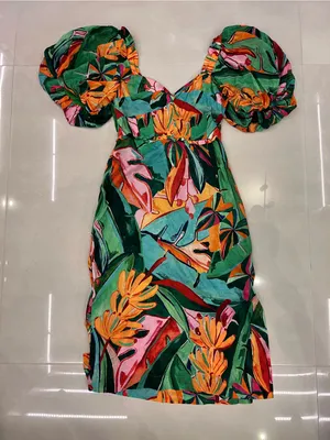Farm Rio Puff-Sleeve Midi Dress Banana Leaf thumbnail 8