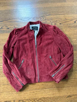 Lucky Brand Red Suede Zip-Front Moto Jacket, 100% goat leather, small thumbnail 2