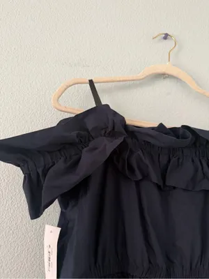 London Times Navy Off-Shoulder Tiered Midi Dress thumbnail 5