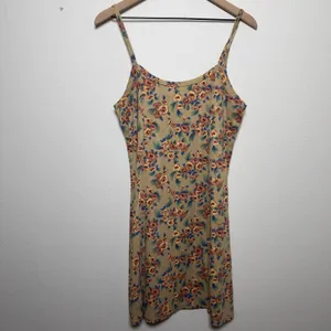 VTG 90s y2k No Boundaries Women Indie Grunge Mini‎ Skater Dress Large Tan Floral thumbnail 2