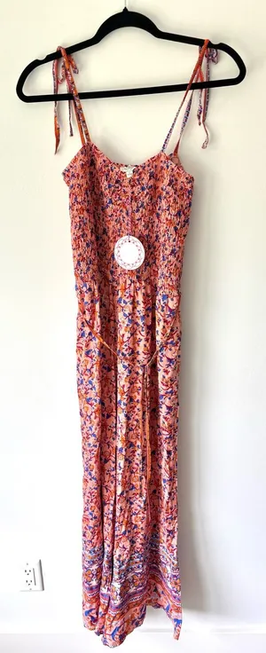 Umgee Peach Floral Boho Jumpsuit Tie Straps Beach Vacation Colorful Hippie thumbnail 1