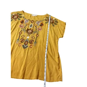 Solitaire Mustard Yellow Embroidered Boho Blouse Rayon Short Sleeve Top 21-232 M thumbnail 9