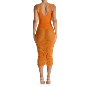 New Naked Wardrobe Power Mesh Ruched Midi Dress Orange - Size Large - Sold Out thumbnail 7