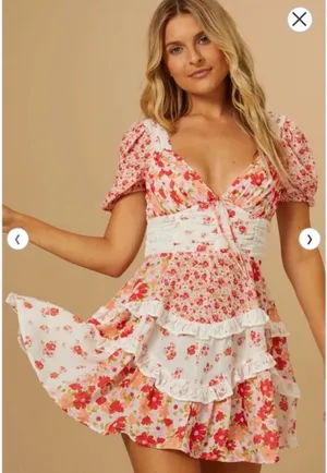 Altar'd State Red & White Multi Floral Ruffle Tiered Mini Dress thumbnail 2