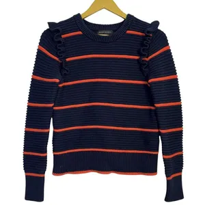 Banana Republic Chunky Knit Crewneck Sweater Size M Navy Striped Ruffle Preppy thumbnail 1