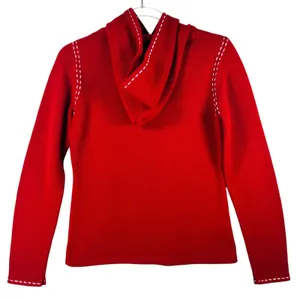 Ann Taylor LOFT Hoodie Sweater Knit Pullover‎ Red White Stitch Small Cottagecore thumbnail 2