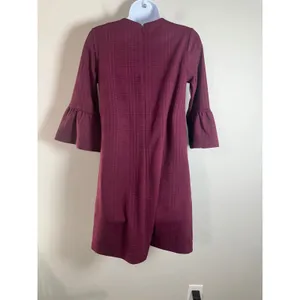 Banana Republic Women XS Burgundy Textured Plaid Bell Sleeve Shift Dress‎ 359076 thumbnail 6