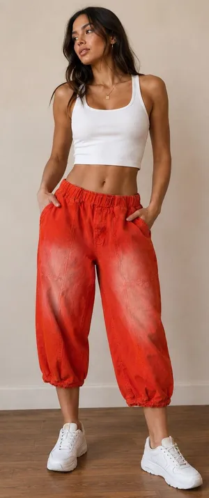 SHEIN Womens Orange Faded Barrel Leg Pants Elastic Waist Cotton Streetwear Sz 28 thumbnail 1