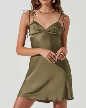 NWOT ASTR The Label Women's Mona Satin Mini Dress Tie Straps Size L Olive Green thumbnail 1