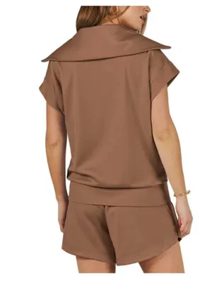 NEW 2 Piece Set Half Zip Lapel Collar Lounge Set Cap Sleeve Shorts Pockets S thumbnail 2