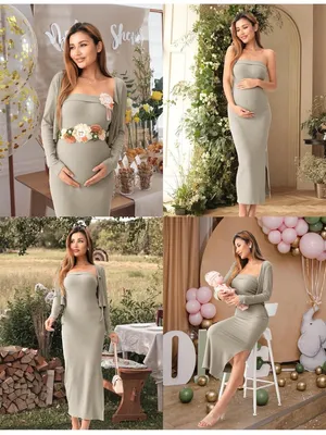 SUNNYBUY Baby Shower Maternity Tube Dress Short Cardigan Ribbed Maxi Dress thumbnail 6