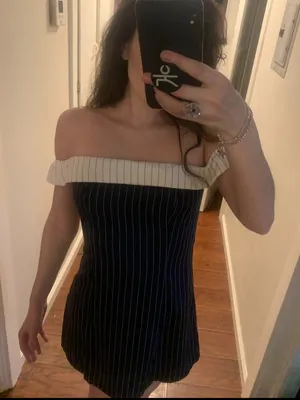 Cider Navy Pinstripe Off-Shoulder Mini Dress with Cream Trim thumbnail 2