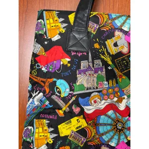VTG 1991 Nicole Miller Paris France French‎ Themed 100% Silk Tote Bag Leather thumbnail 5