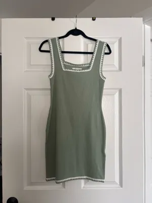 Caroline Constas Square Neck Mini Knit Dress in Sage with Contrast Trim thumbnail 2