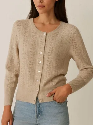 Alex Marie 100% Cashmere Pointelle Button Cardigan Cottagecore Beige M Soft Girl thumbnail 1