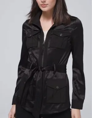 White House Black Market‎ Womens Black Satin Belted Utility Safari Jacket Zip Up thumbnail 1