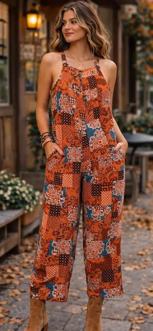Vtg Patchwork Paisley Wide‎ Leg Overalls Jumpsuit Boho Festival Cottagecore S/M thumbnail 1