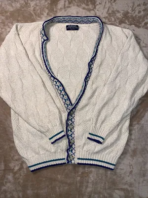 Puritan Cotton Cream Cable Cardigan with Blue Trim and Teal Accents Oversized thumbnail 1