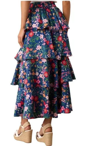 Skies Are Blue Maxi Skirt Small Blue Floral Tiered Ruffle Boho thumbnail 1