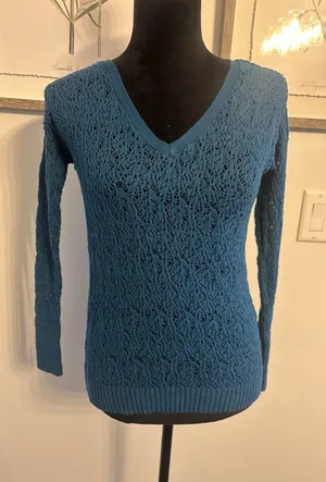 Aeropostale Crochet Sweater Womens Medium Blue VNeck Angora Blend Y2K Vintage thumbnail 1