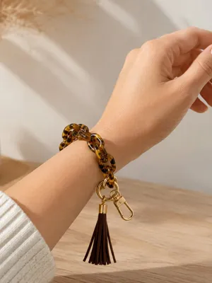 Tortoise Shell Acrylic Key Ring Bracelet Wristlet Tassel Brown Gold NWT thumbnail 2