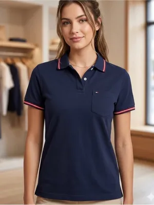 Tommy Hilfiger Navy Polo Top with Red & White Trim thumbnail 1
