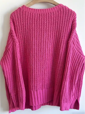 American Eagle Oversized Chenille Crewneck Sweater Hot Pink Chunky Knit Size M thumbnail 6