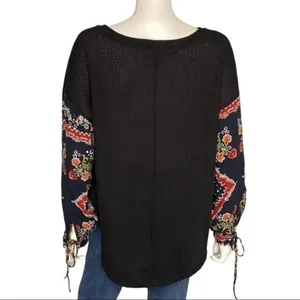 In Loom Black Thermal Waffle Knit Top Boho Patchwork Print Balloon Sleeves M thumbnail 5