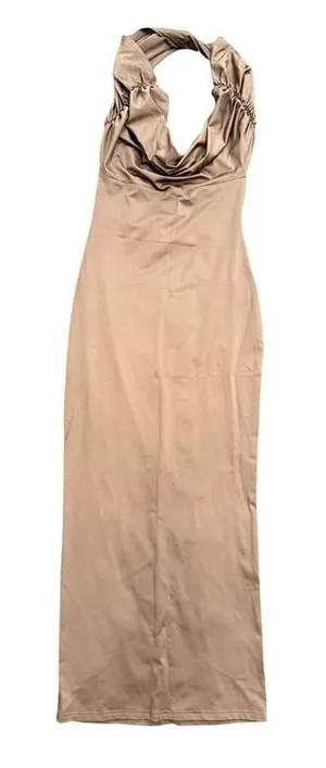 SheIn Halter Neck Cowl Neck Open Back Maxi Dress in Brown, Size S thumbnail 1