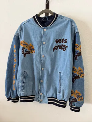 iets frans Blue Denim Embroidered Varsity Jacket Size XS thumbnail 9
