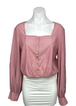 The East Order Pink Pinstripe Button Front Square Neck Long Sleeve Blouse Top XL thumbnail 1