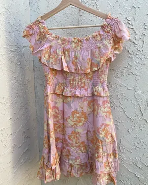 Astr floral print ruffle off- shoulder mini dress smocked bodice size M thumbnail 1