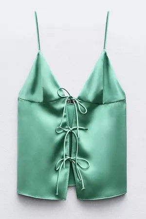 Zara tie front bows satin-finish emerald tank top vneck going out thumbnail 1