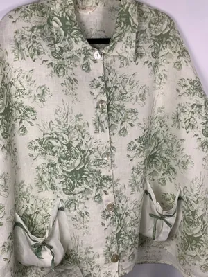 Angel Pie Linen Shirt S/M Green Floral Lagenlook Oversized Boho USA Made thumbnail 4