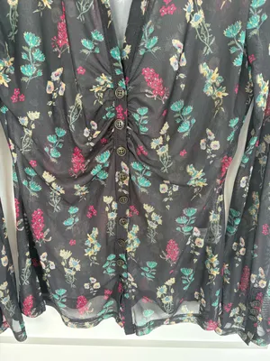 Natural Life Carina Mesh Top Floral Sheer Ruched Button Front Boho Whimsigoth-L thumbnail 3