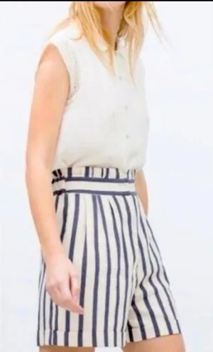 Zara High Waist White Blue Stripe Shorts S Cuff Nautical Preppy thumbnail 1